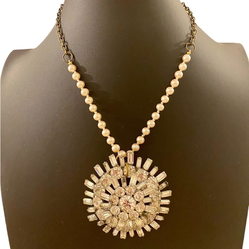 Handmade Vintage Rhinestone & Faux Pearl Pendant Statement Necklace.